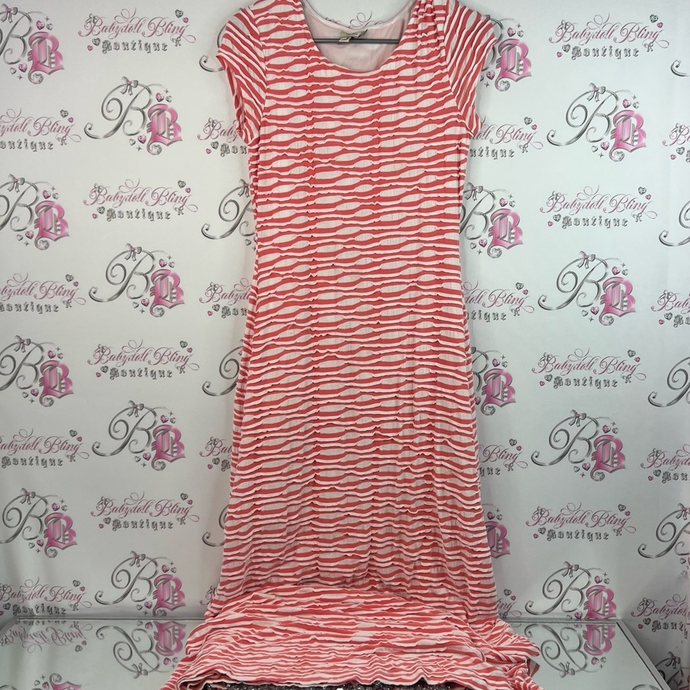 Beige by eci Dress stripes striped ruffle 3D texture Pink peach White